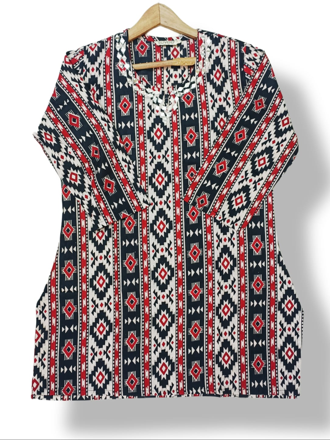 PRINTED COTTON SHORT KURTI WITH WORK